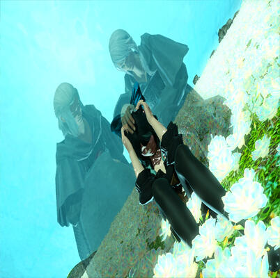 Hades and Hythlodaeus watching over Kiana as she struggles in the field of Elpis flowers.