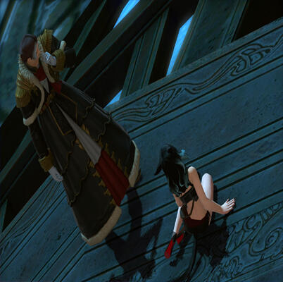 Emet-Selch regaling Kiana of the story of Azem atop the roof of a building of the Crystarium.