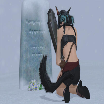 Kiana mourning at Haurchefant&#39;s gravestone.